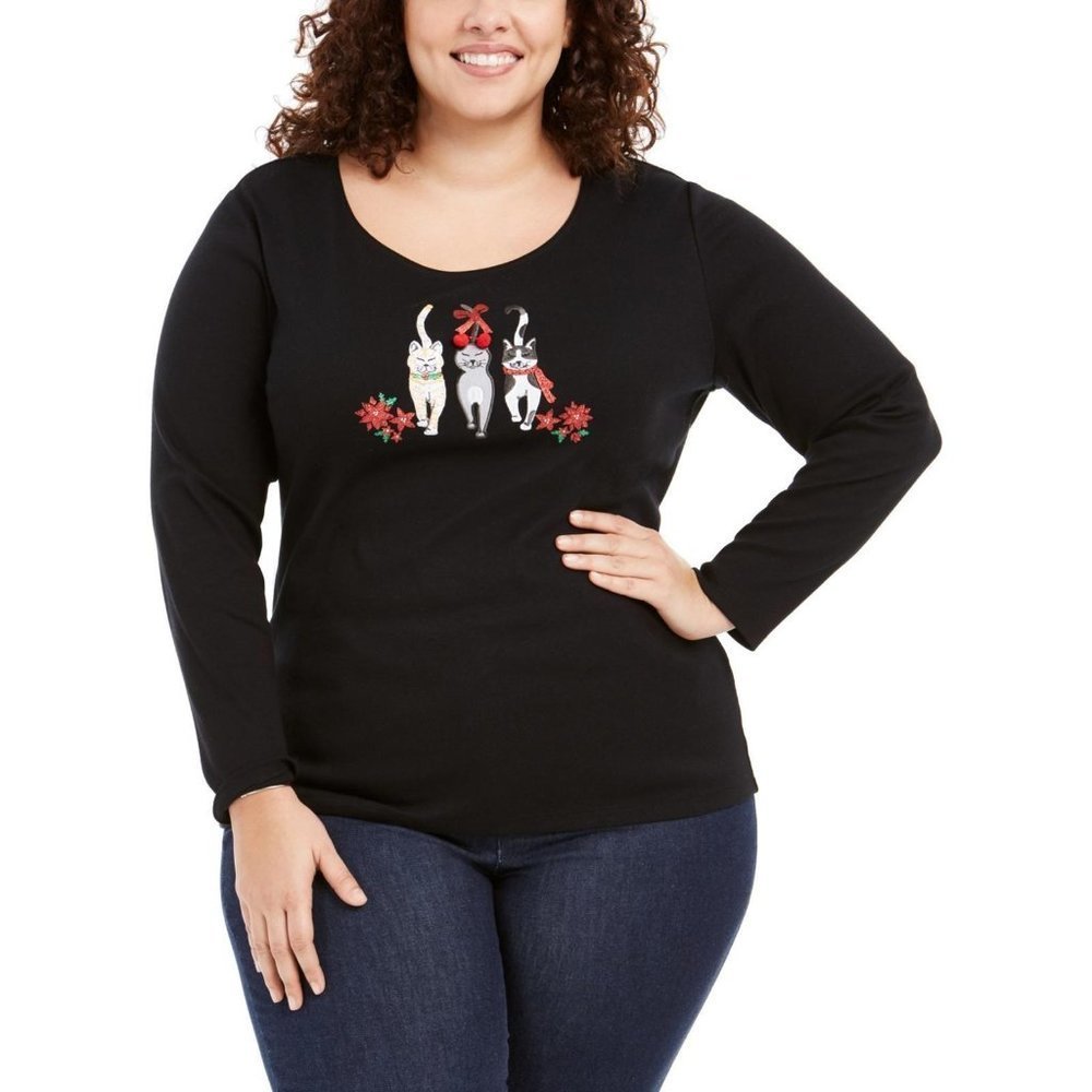 Karen Scott Plus Holiday Cats Top